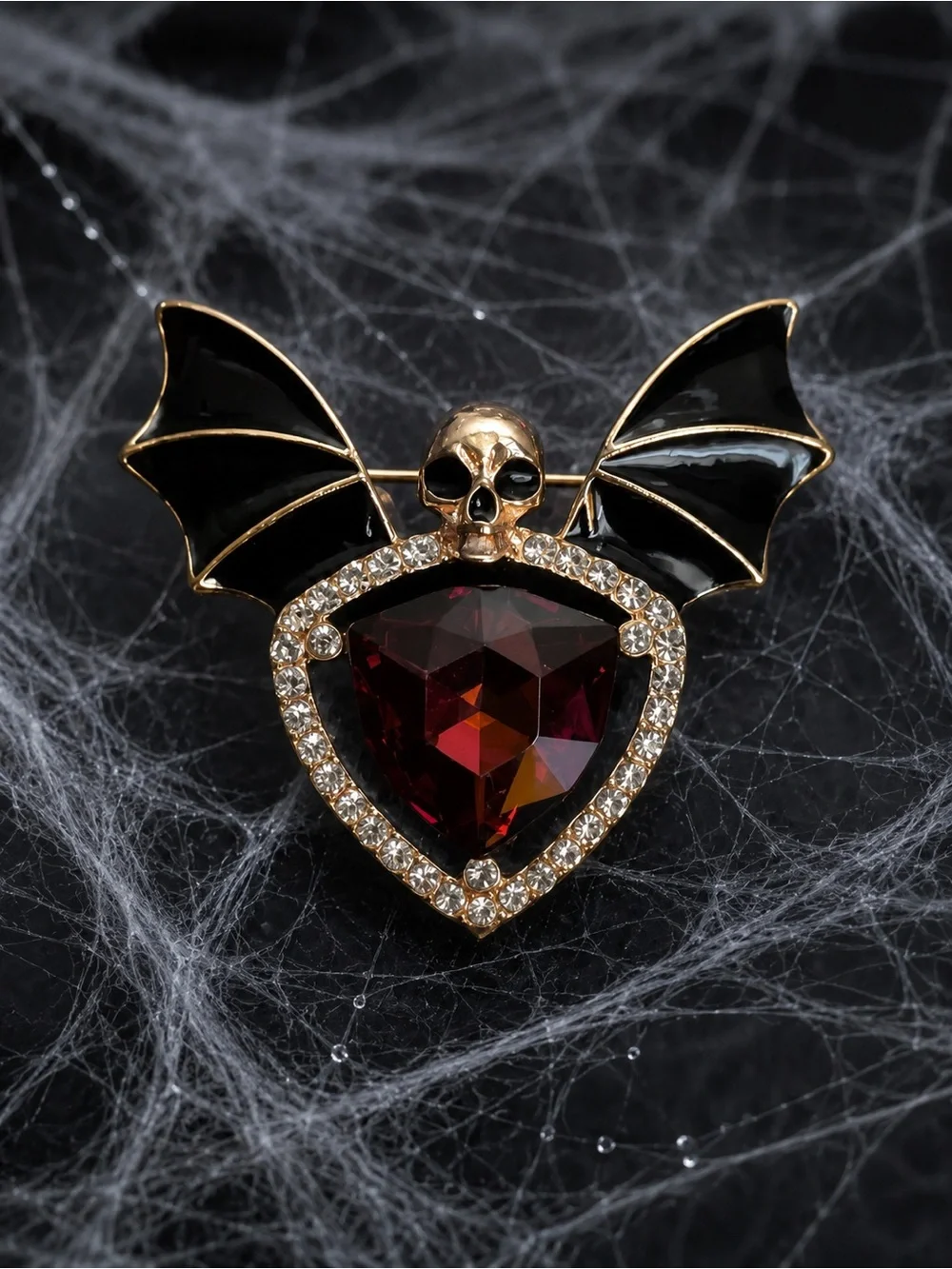 Gothic Bat Skull brooch with maroon Gem Halloween